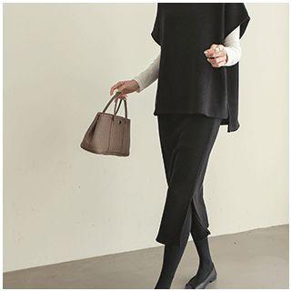 Set: Mock-neck Drop-shoulder Top + Band-waist Midi Skirt