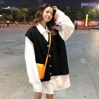 Plain Long Shirt / Knit Oversize Vest