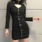 Long-sleeve Mini Sheath Dress Black - One Size