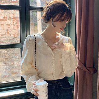 Bell-sleeve Lace Trim Button-up Blouse