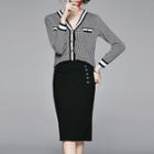 Set: Houndstooth Cardigan + Midi Fitted Skirt Black - One Size