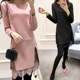 Long-sleeve Faux-suede Lace-panel Tunic