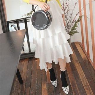 Dip-back Ruffled Tiered Long Skirt