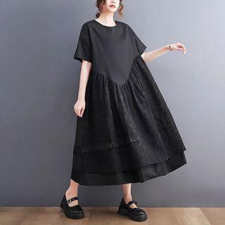 Short-sleeve Panel Midi A-line Dress Black - One Size