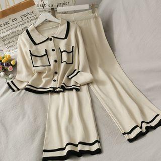 Set: Contrasted Button-up Knit Top + Wide-leg Pants