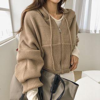 Cropped Rib-knit Zip Hoodie