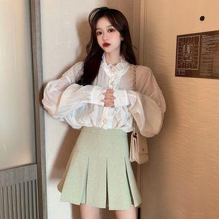Ruffled Balloon-sleeve Blouse / Pleated A-line Skirt / Tweed Fringed Cardigan