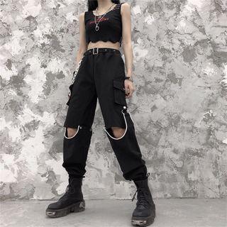 Side-pocket Panel Cargo Pants / Distressed Cropped Top
