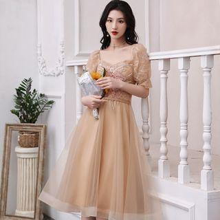 Short-sleeve Mesh A-line Midi Evening Dress