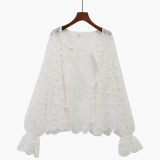 Plain Lace Oversized Button-up Cardigan White - One Size