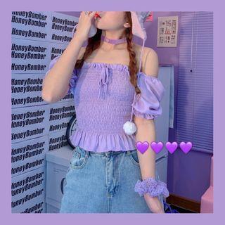 Ruffled Puff-sleeve Crinkle Blouse Purple - One Size