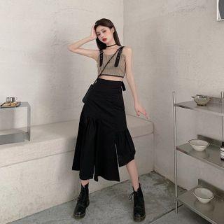 Sleeveless Buckled Strap Striped Cropped Top / High-waist Asymmetric Split Skirt