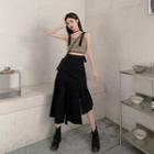 Sleeveless Buckled Strap Striped Cropped Top / High-waist Asymmetric Split Skirt
