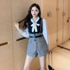 Set: Tie-neck Blouse + High-waist Check Shorts