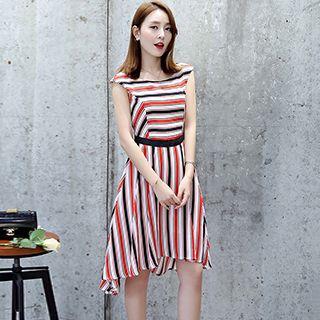Cap-sleeve Striped A-line Dress