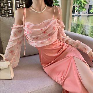 Tie-shoulder Floral Printed Panel Satin Split Dress