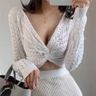 Long-sleeve Crinkled Perforated Knit Top