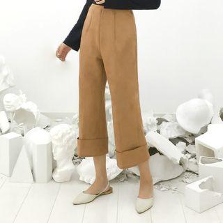 Plain Elastic-waist Straight-cut Pants