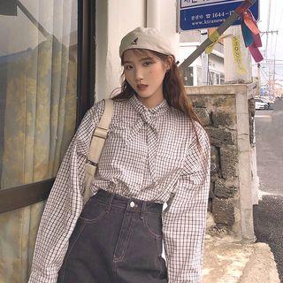 Plaid Long-sleeve Blouse Khaki - M