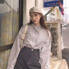 Plaid Long-sleeve Blouse Khaki - M