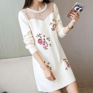 Mesh Panel Floral Embroidered Knit Tunic