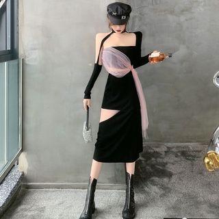 Set: Long-sleeve Halter Cut-out Top + Midi A-line Skirt