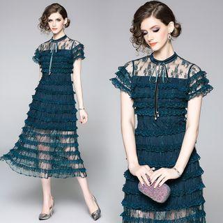 Lace Ruffled Short-sleeve Midi A-line Mesh Dress