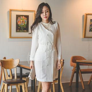 Collarless Double-breasted Chiffon Coat With Belt