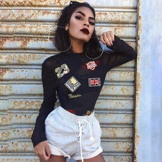 Applique Long-sleeve Mesh T-shirt