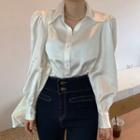 Puff Sleeve Plain Silk Blouse Off-white - One Size