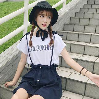 Set: Letter Short-sleeve T-shirt + Spaghetti Strap Short Dungaree