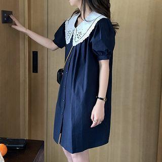 Short-sleeve Eyelet Lace Collar Mini Smock Dress