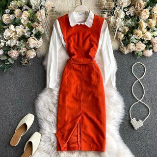 Set : Plain Long-sleeve Shirt + Sleeveless Round-neck Vest + Plain Slit Skirt