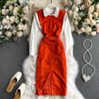 Set : Plain Long-sleeve Shirt + Sleeveless Round-neck Vest + Plain Slit Skirt