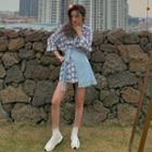 Plaid Long-sleeve Loose-fit Shirt / Set: Plaid Shirt + Denim Shawl