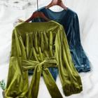 Long-sleeve Tie-neck Velvet Top