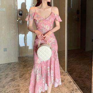 Floral Print Cold-shoulder Ruffle Hem Slit Midi A-line Dress