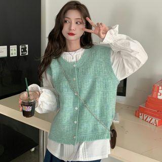 Round Neck Button-up Knit Vest / Flared-cuff Collarless Blouse