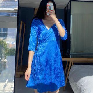 Elbow-sleeve V-neck Plain Tie-strap Dress