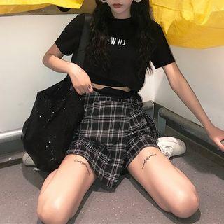 Short-sleeve Lettering Top / Plaid Skort