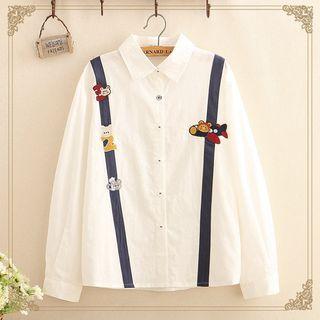 Contrast-trim Bear Embroidered Long-sleeve Shirt