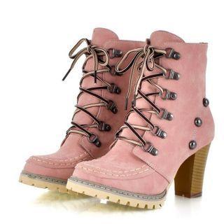 Studded Chunky Heel Lace-up Short Boots