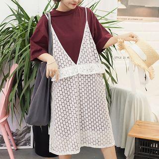 Set: Spaghetti Strap Lace Dress + Short-sleeve T-shirt