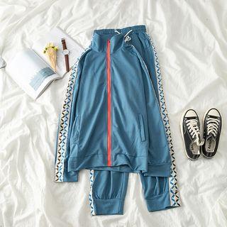 Set: Stand-collar Print Trim Jacket + Sweatpants