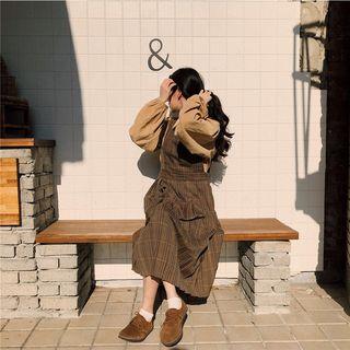 Plain Lantern-sleeve Shirt / Plaid Midi Jumper Dress