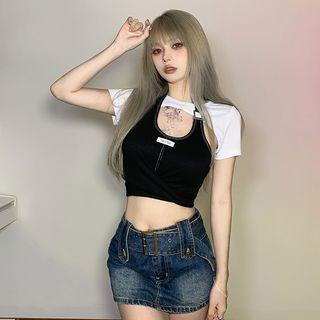 Mock Two-piece Short-sleeve Two-tone Crop Top