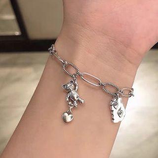 Bear Heart Alloy Bracelet Bracelet - Love Heart & Bear - Silver - One Size