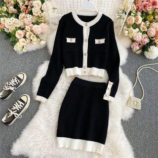 Set: Round-neck Single-breasted Knitted Cardigan+knitted Skirt