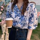 Short-sleeve Floral Print Shirt Blue Floral - White - One Size