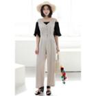 Sleeveless Buttoned Pintuck Wide-leg Jumpsuit